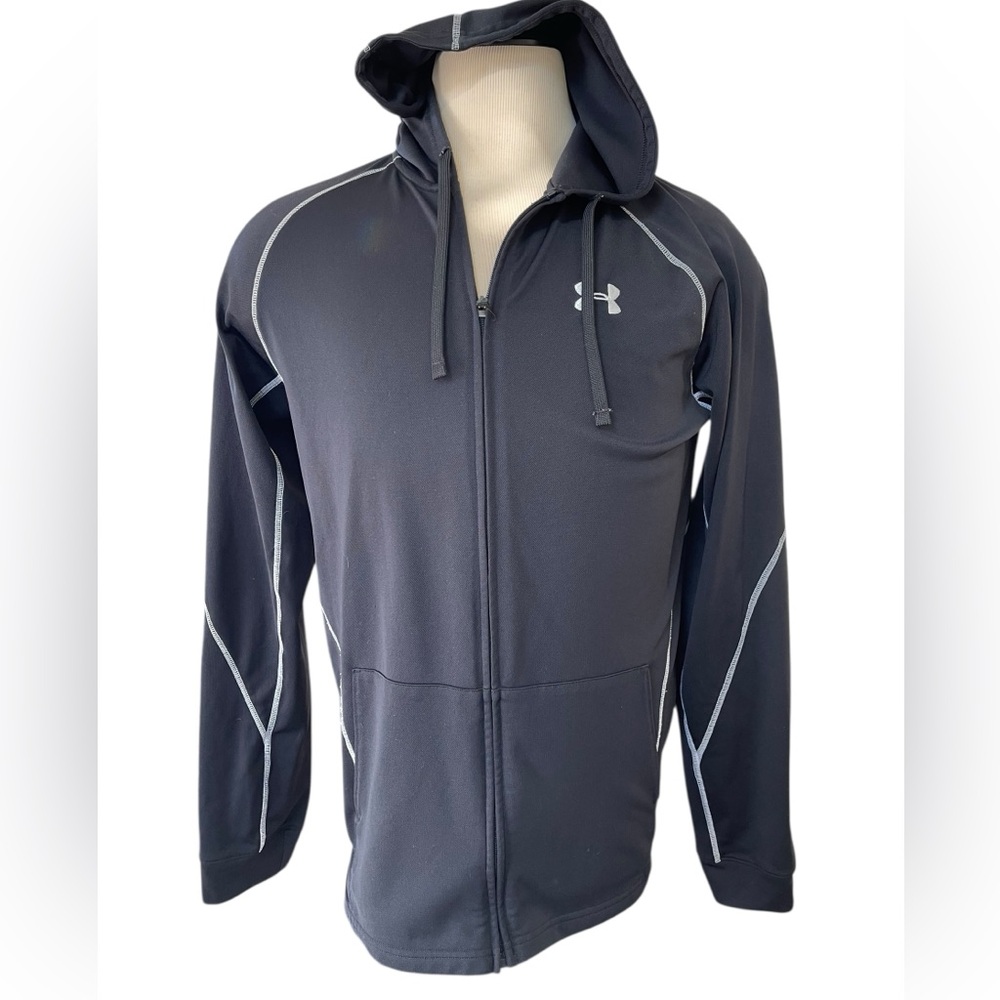 UNDER ARMOUR Heat Gear Black Full Zip Hoodie Black Contrast Stitching Size Large